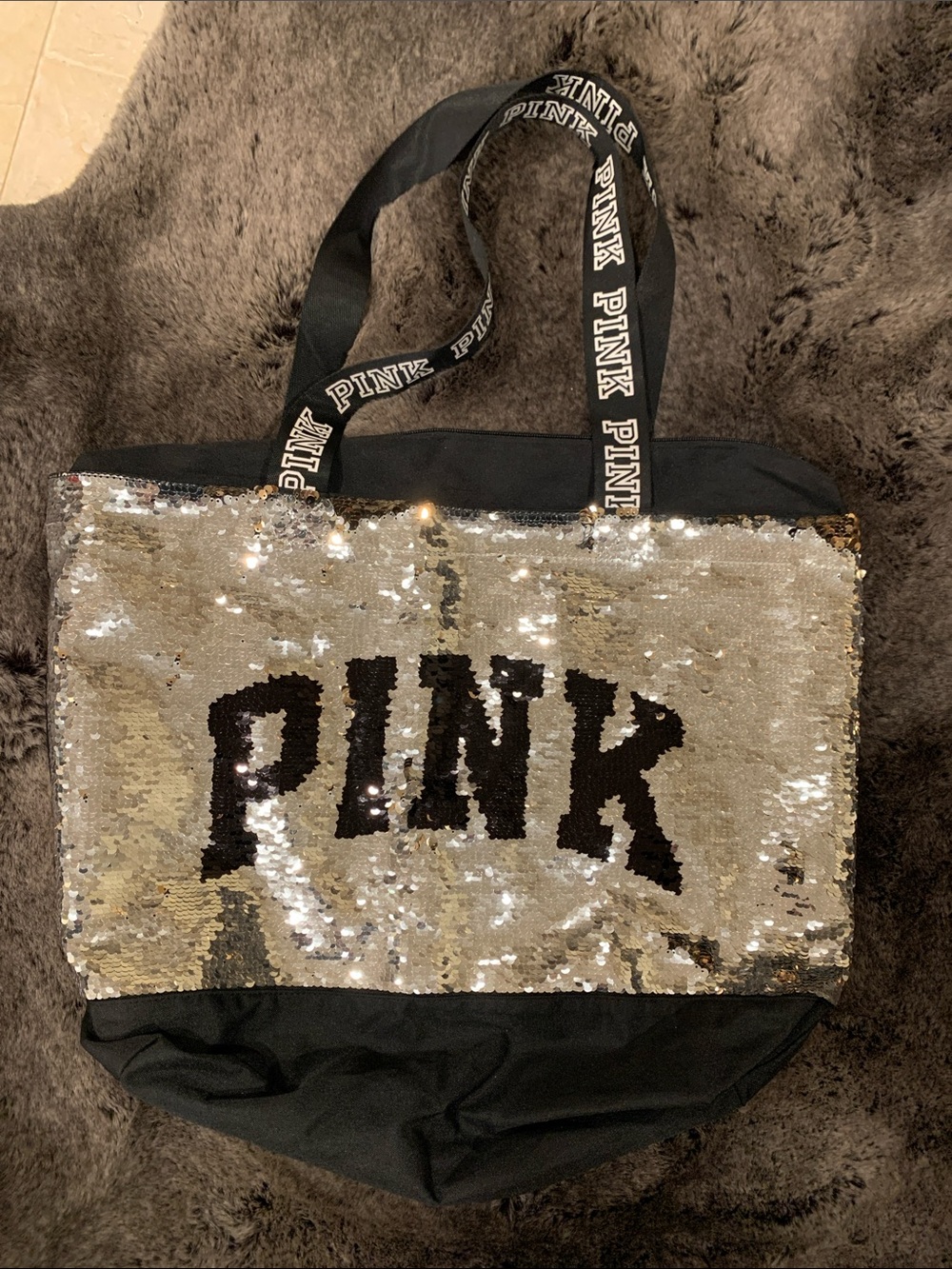 PINK Victoria's Secret silver/gold Sequin Tote with Black Logo and Black Trim
